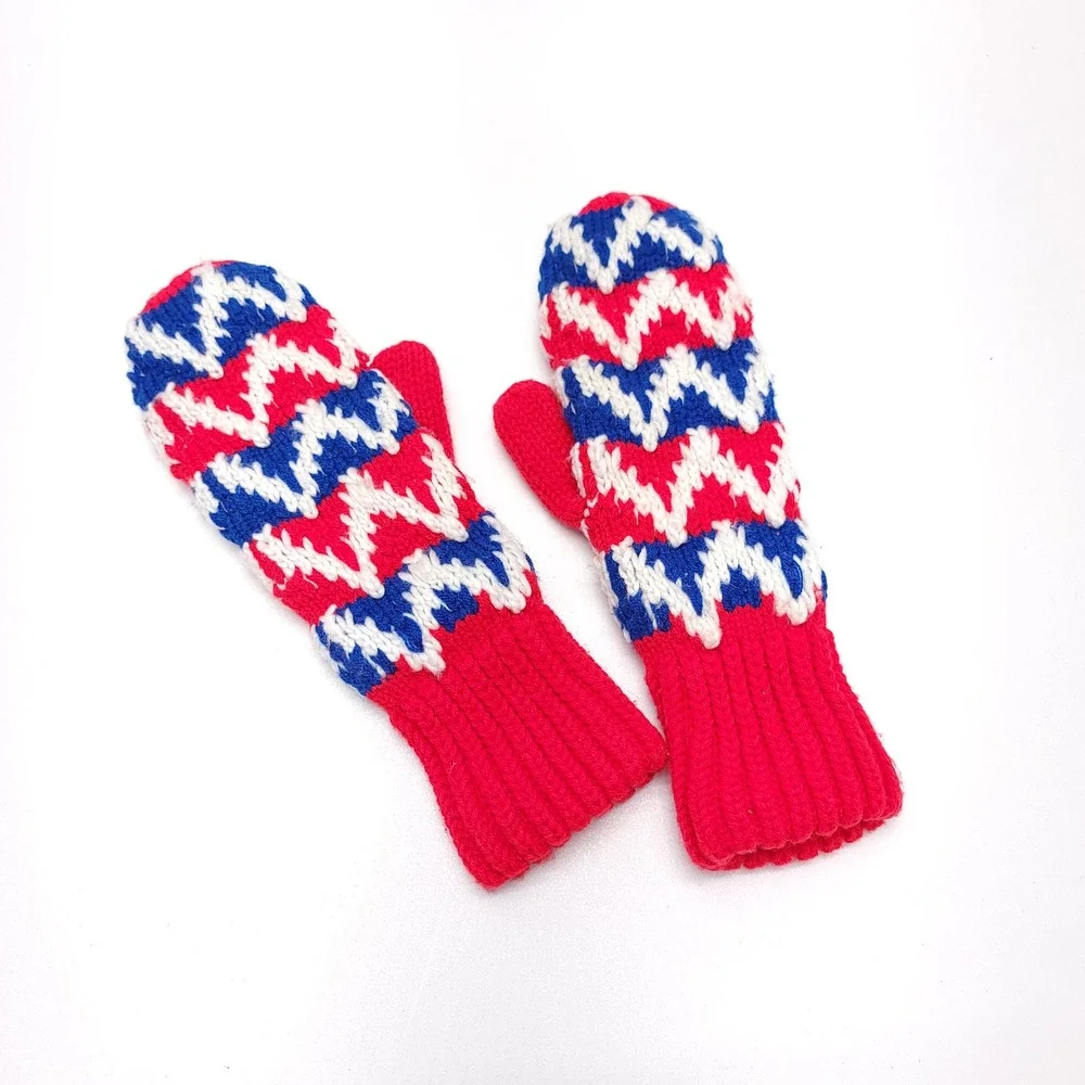 Vintage Mittens Red White & Blue Handmade Knitted Size Medium‎ Cozy Warm